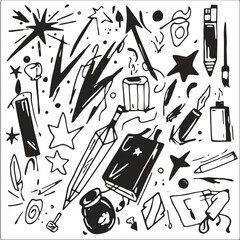 Fototapete - Hand-drawn Doodle Collection: A vibrant collection of hand-drawn doodles, including stars, lightning bolts, candles, pens, and inkwells, perfect for adding a touch of creativity to any project.