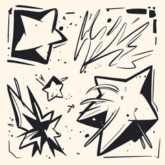 Fototapete - Abstract Starburst Collection: A set of hand-drawn, abstract starburst designs in black ink on a cream background, offering a unique blend of geometric and organic forms.