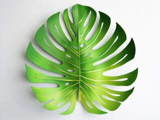 Poster - Isolated Monstera Deliciosa Leaf on White Background Flat Lay Tropical Plant Close Up Green Botanical Design Element