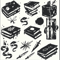 Fototapete - Artistic Storytelling: A collection of creatively illustrated books, intricate objects, and mystical elements come together in a captivating composition with a handmade aesthetic.