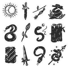 Fototapete - Vintage Hand-drawn Doodle Elements: a collection of unique vintage hand-drawn doodle illustrations featuring sun, moon, snake and daggers. 