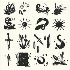 Poster - Mystical Symbols in Ink: A collection of whimsical ink drawings, each a portal to a world of imagination. A set of stylized graphic elements, evoking a sense of fantasy and wonder. 