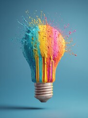 Poster - Colorful paint explosion on lightbulb concept art on blue background studio shot creative idea innovation