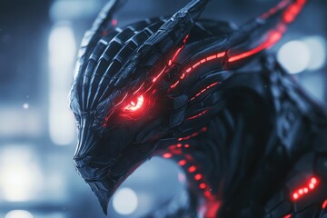 Poster - Mysterious dragon cyborg with red glowing eyes exuding an intense aura in a futuristic setting, Dragon cyborg humanoid red glowing eyes