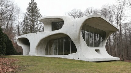 Poster - Minimalist concrete house with expansive windows, futuristic design