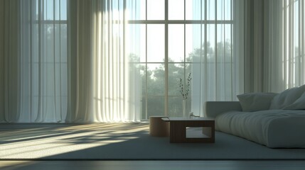 Poster - Minimalist, contemporary Scandinavian interiors in the living room with curtains windows and sofas. Generative AI