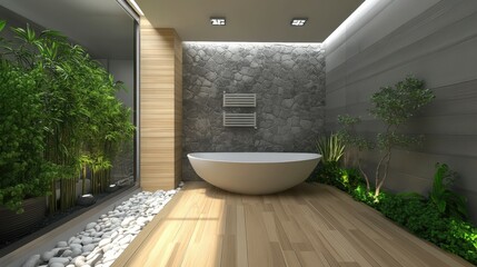 Poster - Modern bathroom interior with a freestanding bathtub in a minimalist design