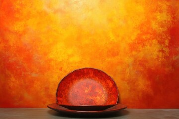 Poster - Abstract Still Life of Red Plates Against Textured Orange Wall Backdrop Studio Shot Minimalist Composition