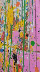 Aufkleber - Abstract painting close up of colorful splatters and drips on canvas in pink yellow green and white studio shot