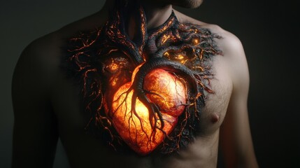 Poster - Glowing heart anatomy with fiery vessels on human chest