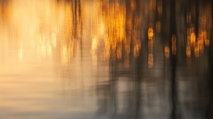 Poster - Golden sunset reflecting on serene water surface with abstract bokeh, capturing tranquility and natural beauty.