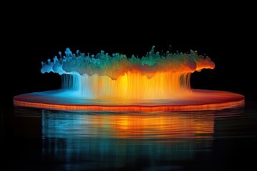 Poster - Abstract Liquid Motion Art in Blue and Orange on Black Background Macro Shot Reflective Surface