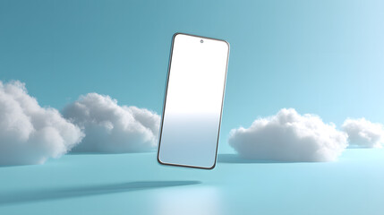 Poster - Smartphone in Cloud: A sleek smartphone floats weightlessly amidst a dreamy sky dotted with soft, fluffy clouds, offering a modern and ethereal view.
