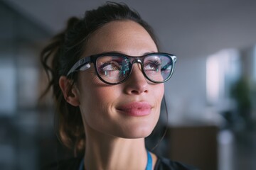 Poster - Woman Wearing Smart Glasses Looking Upward, Representing Innovation and Future Technology in Business and Recruitment : Generative AI