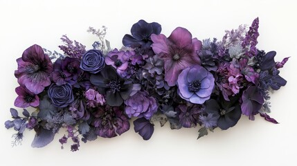 Fototapete - A vibrant arrangement of deep purple and blue flowers, including roses, hydrangeas, and anemones, set against a stark white background.