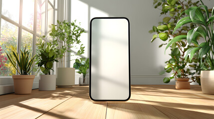Poster - Mobile Device Presentation: The sleek screen of a modern mobile device stands in sharp focus amidst a natural, sunlit environment. The device rests on a wooden floor.