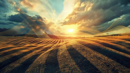 Poster - Vibrant sunset over a harvested field, showcasing dramatic light rays and rolling hills.