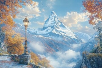 Wall Mural - Matterhorn peak view from stone path with lamp post in autumn scenic landscape Switzerland Alps