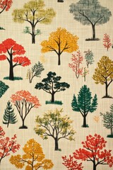 Poster - Colorful Tree Pattern on Textured Background Overhead Shot Decorative Autumnal Trees Design