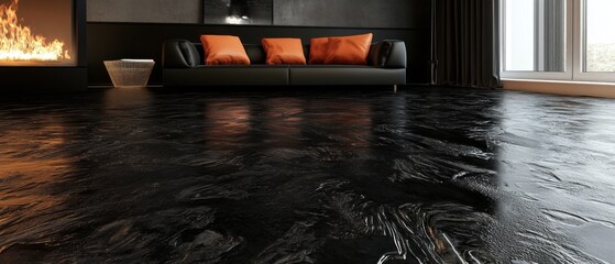Poster - Modern Living Room Interior Design with Fireplace and Black Epoxy Resin Floor Low Angle Shot