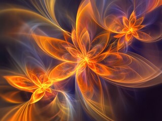 Aufkleber - Abstract orange fractal flowers glowing softly on a dark purple background digital art illustration