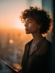Leinwandbilder - Woman Contemplating Cityscape at Sunset With Tablet, Representing Modern Lifestyle and Digital Transformation, Seeking Inspiration and Future Vision : Generative AI