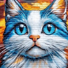 Poster - Close-up of a painted cat mural on a brick wall with bright blue eyes and orange and yellow background