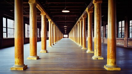 Poster - Industrial Hallway Perspective View with Columns and Lights in Abandoned Building Interior Architecture