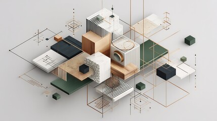 Poster - Abstract geometric arrangement with textures, lines, and floating shapes