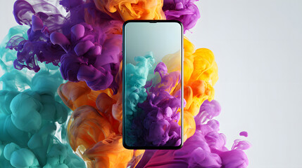 Poster - Tech Device with Colorful Burst: A sleek tech device screen is enveloped by vibrant, swirling ink bursts, showcasing the fusion of technology and art.