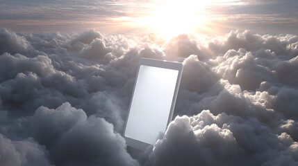 Poster - tablet above the clouds: a sleek tablet floats amid a sea of soft, fluffy clouds, with the sun blazi