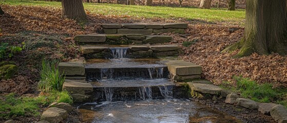 Poster - Serene Stone Waterfall Cascading Down Steps in Autumnal Park Setting Landscape View