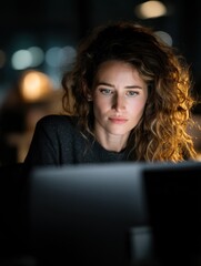 Poster - Woman Working Late at Night on Computer Screen, Representing Dedication and Focus for a Deadline, or Remote Work Opportunity : Generative AI