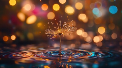Poster - Golden dandelion seed head with water droplets close up bokeh background artistic macro shot