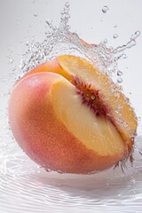 Poster - Fresh Peach Slice Splashing in Water Close Up Studio Shot Healthy Eating Summer Fruit Refreshment