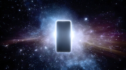 Poster - Smartphone in Space: A sleek smartphone floats in the vast expanse of space, surrounded by a swirling nebula of cosmic dust and stars.