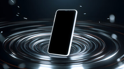 Poster - Tech Elegance: A sleek smartphone levitates above a dynamic, swirling metallic surface, blending technology and artistry.