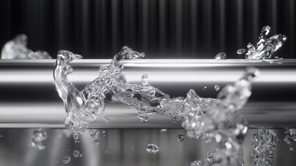 Poster - Water Splashing Against Metal Pipe in Abstract Still Life Close Up Shot with Bubbles and Droplets in Studio