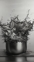 Poster - Dramatic water splash in metal pot high angle studio shot monochrome liquid motion dynamic flow clean freshness artistic