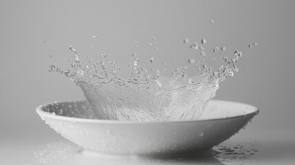 Poster - Water Splash in White Bowl Close Up Studio Shot Liquid Motion Purity Still Life Minimalism Clean Backdrop