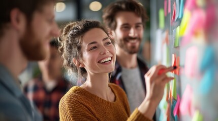 Aufkleber - Smiling Woman Writing on Sticky Notes During Brainstorming Session, Illustrating Teamwork and Creative Problem Solving in a Modern Workplace : Generative AI