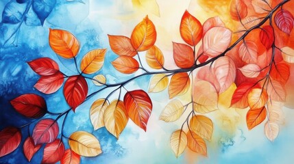 Poster - Watercolor Painting of Autumn Leaves on Branch Against Colorful Sky Background Artistic Impression
