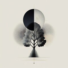 Poster - Monochromatic Tree Silhouette with Geometric Radiance, Evoking Serenity and Depth