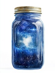 Poster - Watercolor Painting of Galaxy in Mason Jar on White Background Close Up Artistic Still Life Illustration