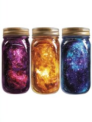 Poster - Three mason jars holding colorful galaxies illustration on white background cosmic art style