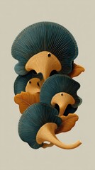 Poster - Stacked stylized mushroom caps and leaves in teal and gold on a neutral background studio shot artistic rendering
