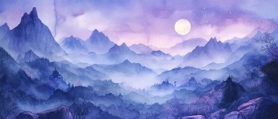 Wall Mural - Watercolor Painting of Misty Mountain Range at Night with Full Moon and Stars Serene Landscape Art