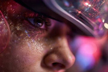 Poster - Close-Up of Woman Wearing VR Headset With Glitter, Representing Immersive Technology and Digital Transformation, Eye Focus : Generative AI