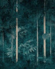 Poster - Tropical jungle illustration in teal and cream vertical orientation with palm trees and foliage textured background