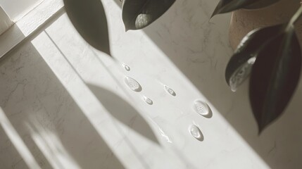 Poster - Sunlight and Water Droplets on Marble Surface with Plant Leaves Overhead Flat Lay Minimalist Aesthetic